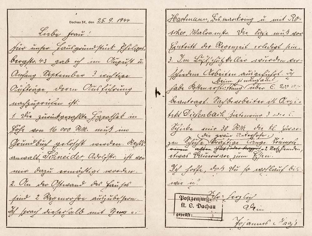 Brief aus dem KZ Dachau an seine Ehefrau Anna